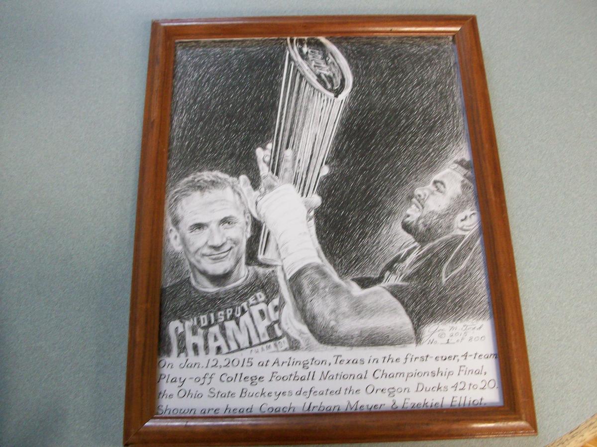 Ohio State National Championship print featuring Urban Meyer and Ezekiel Elliott, made by Joe Todd of The Rusty Plow.
